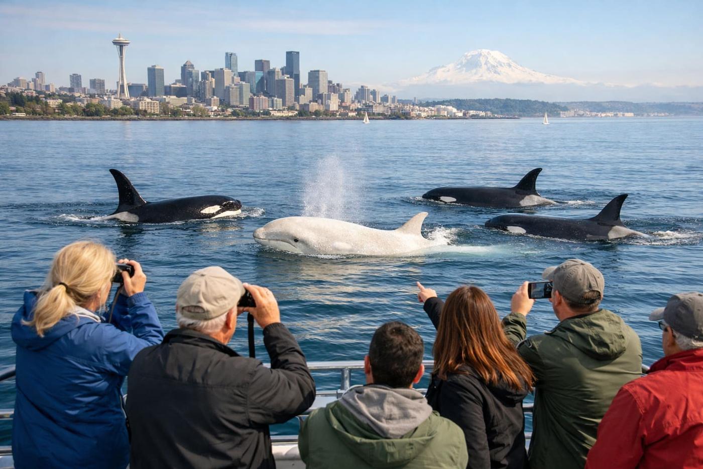 Orcas never seen before in Seattle delight whale watchers with a visit